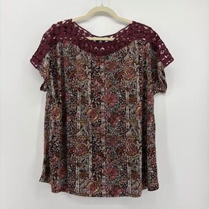 Cato 14/16W Plus Size‎ Burgundy Floral Crochet Lace Trim Short Sleeve Top